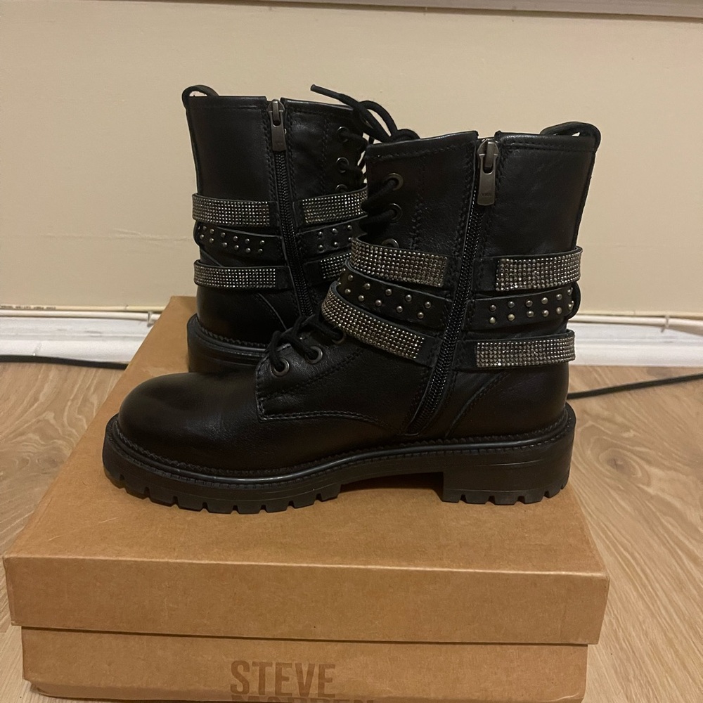 Steve Madden Black Combat Boots with zipper/lace-up with rhinestones.